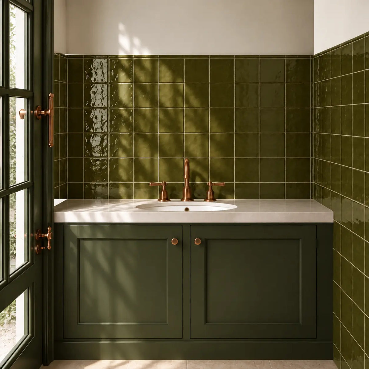 A bathroom vanity setup with moss green paneled cabinets, a white countertop, an undermount sink, and a copper-toned faucet. The backsplash features glossy moss green square tiles, and a matching moss green tile wall surrounds the vanity.