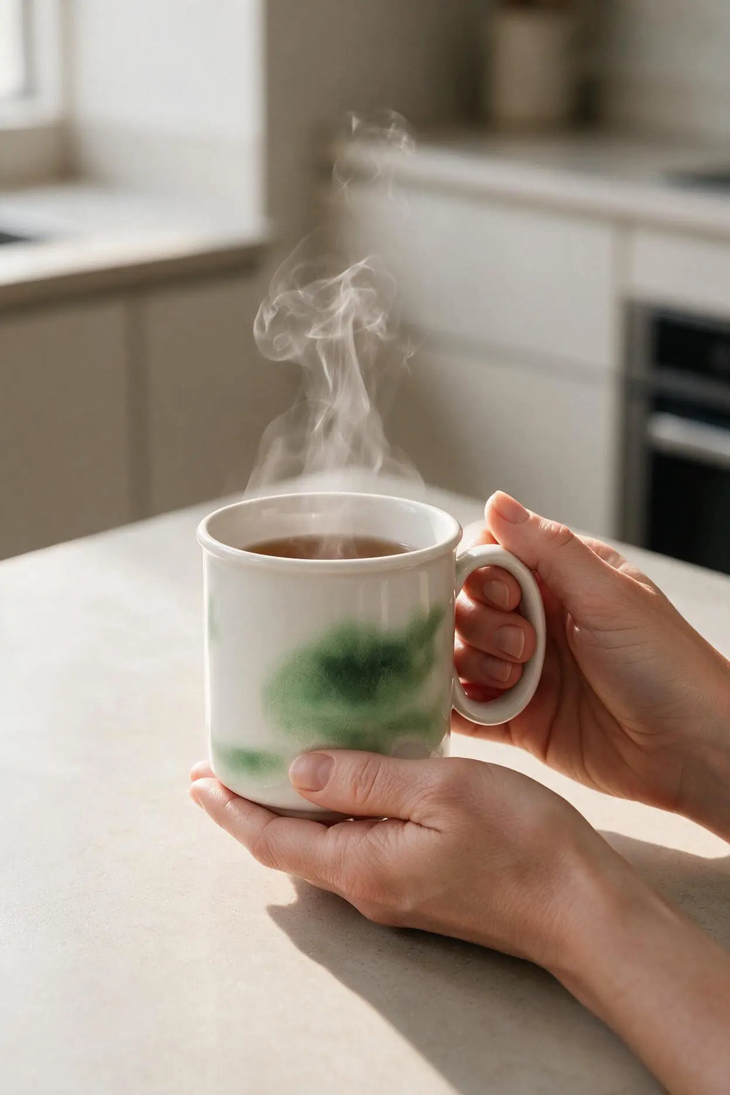 A person's hands holding a white ceramic mug with a green watercolor design, filled with a hot beverage that is visibly steaming, set against a softly blurred modern kitchen background.