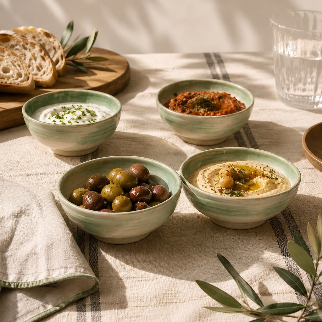 Assorted dips and olives in ceramic snack bowls on a textured surface with bread and a glass of water.