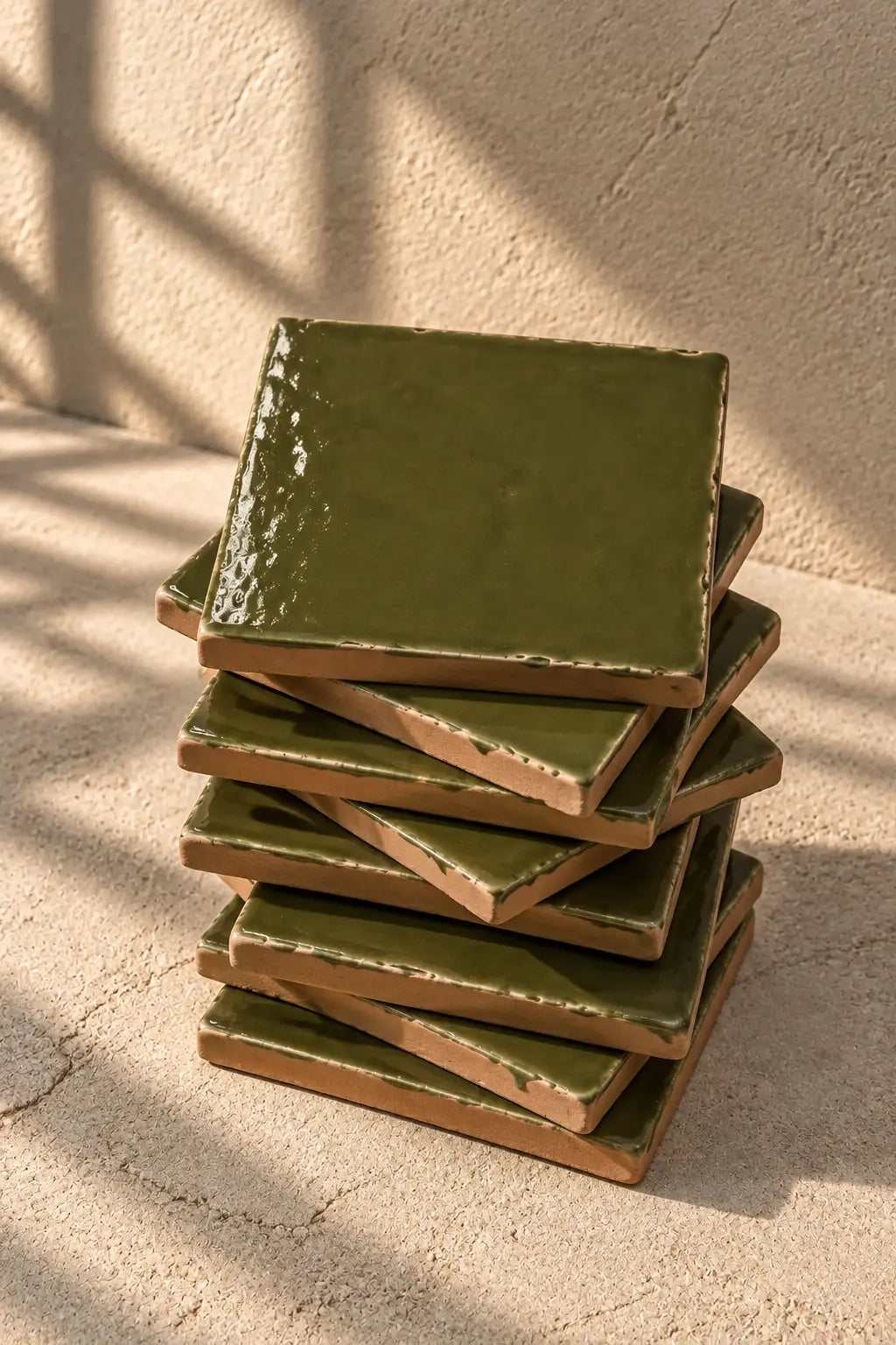 A stack of square olive green coasters with a glossy finish, arranged on a textured off-white surface against a matching background.
