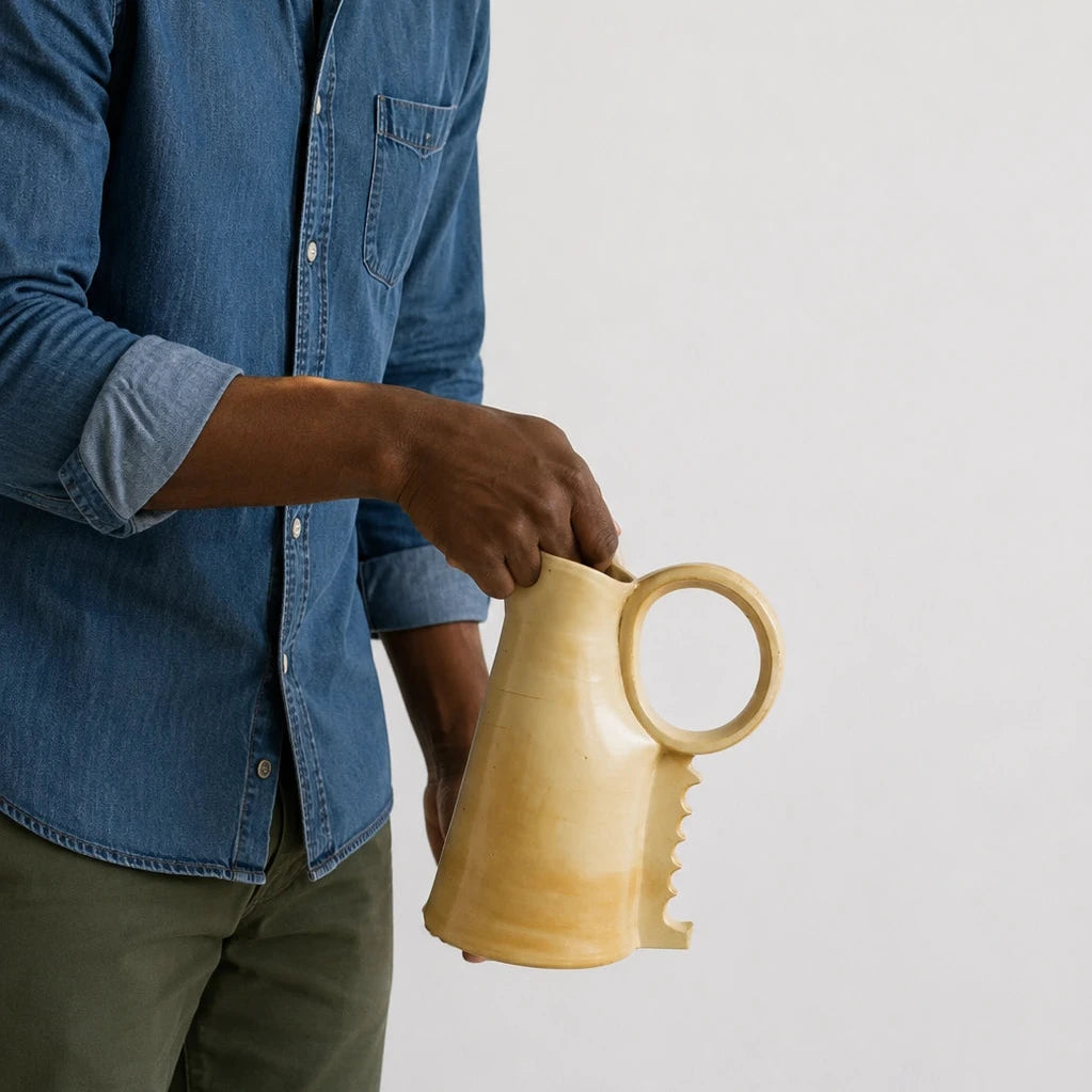 A man in a blue denim shirt holds a light beige ceramic pitcher with a loop handle against a plain light gray background.