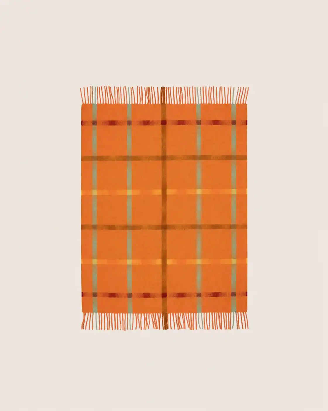 An orange woven throw blanket with a plaid pattern in muted green, yellow, and burgundy, featuring fringed edges on a light cream background.