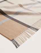 A close-up of a woven plaid throw blanket throw or throw blanket with cream, beige, light gray, and dark charcoal stripes, finished with fringed edges.