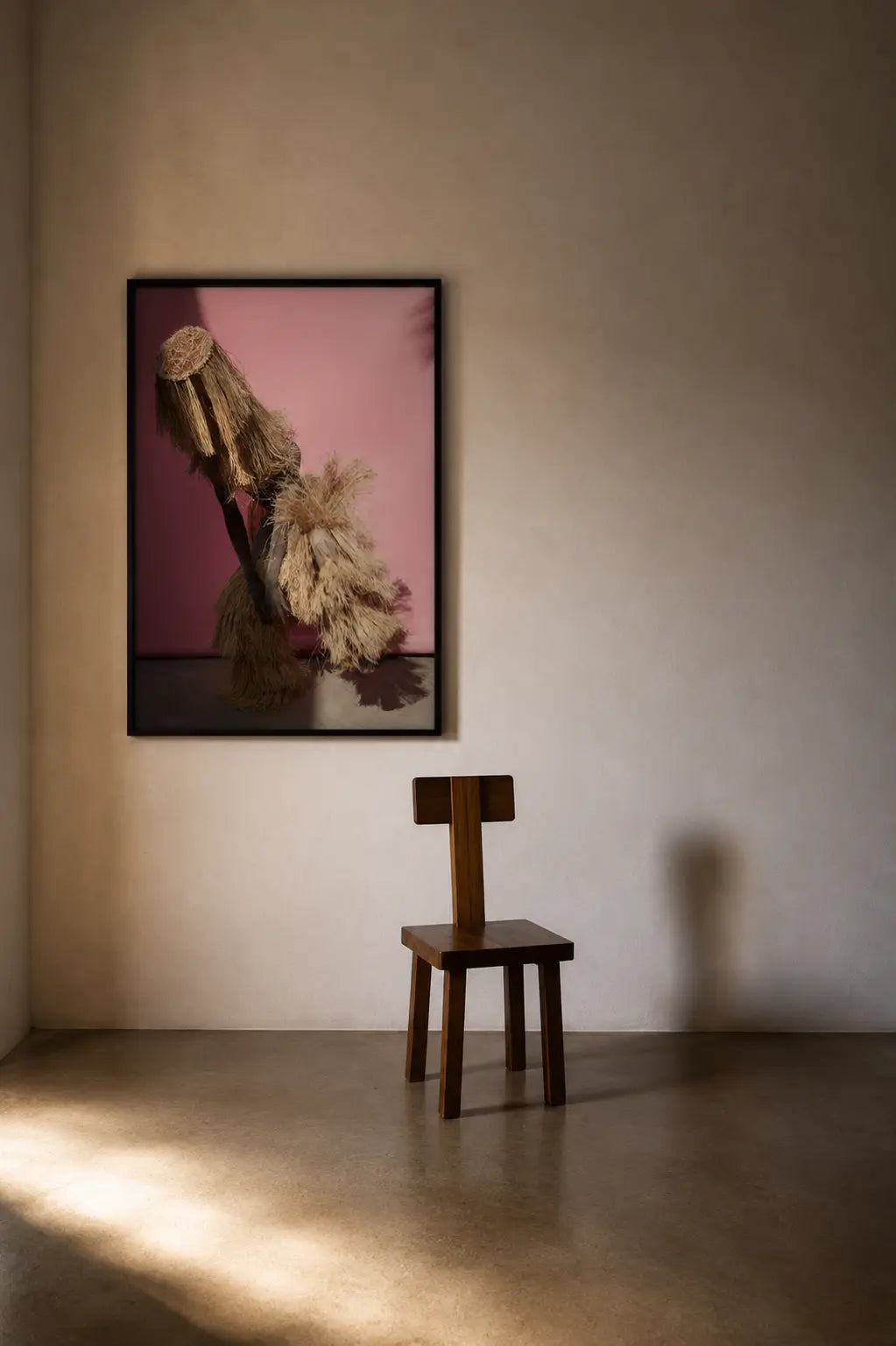 A person wearing a voluminous natural-fiber costume or dress with a matching fringed headpiece, posed against a pink wall on a concrete floor.