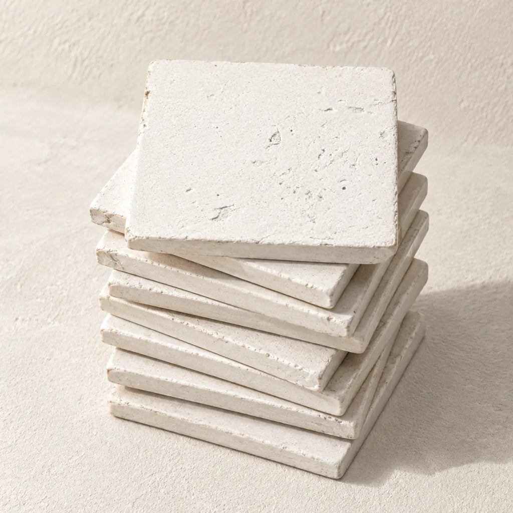 A stack of square off-white stone coasters with a textured, rustic finish, photographed on a matching light beige surface.