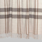 Plaid blanket with brown and gray stripes on a wooden stick against a white background
