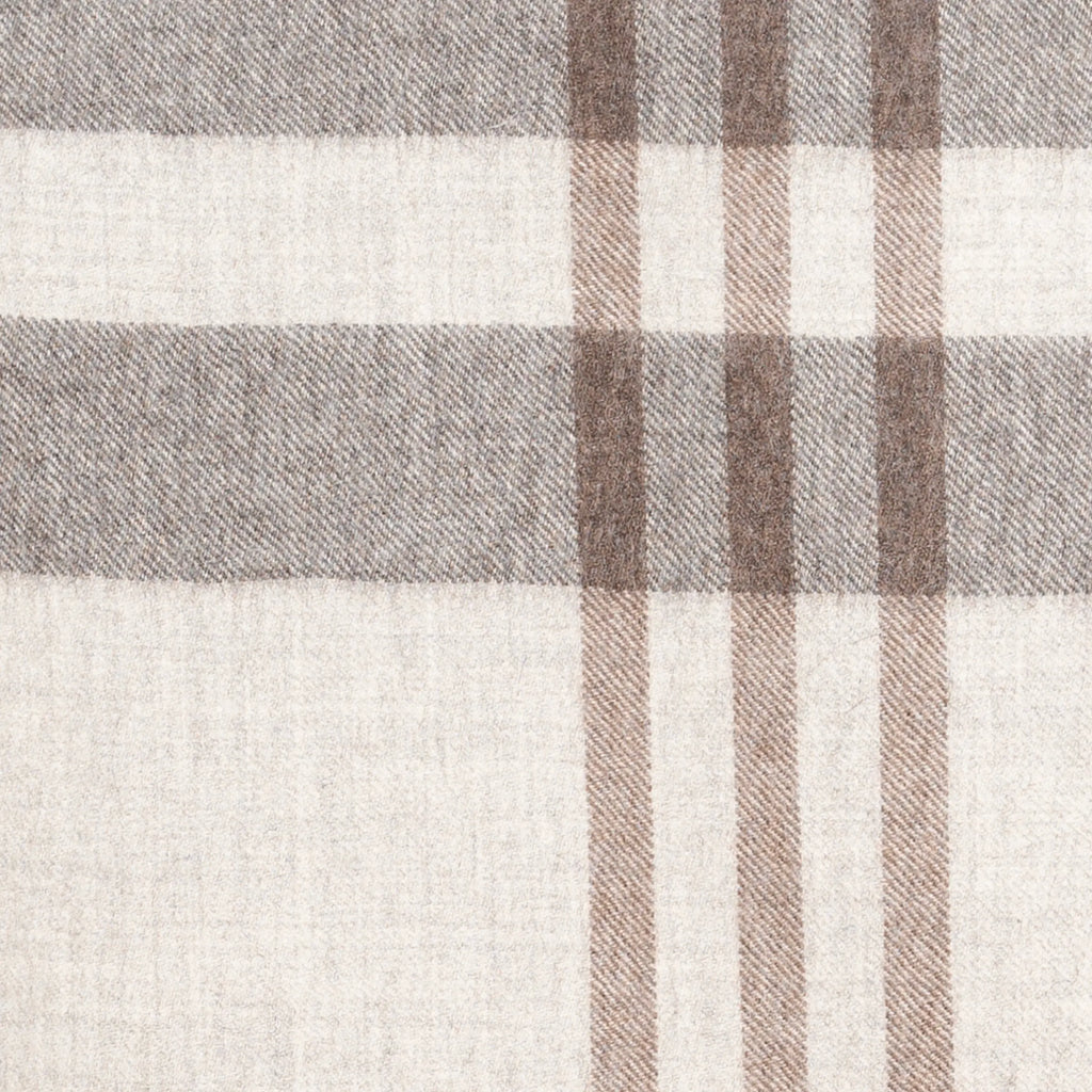 A close-up of a woven plaid throw blanket with a check pattern in beige, brown, and gray.