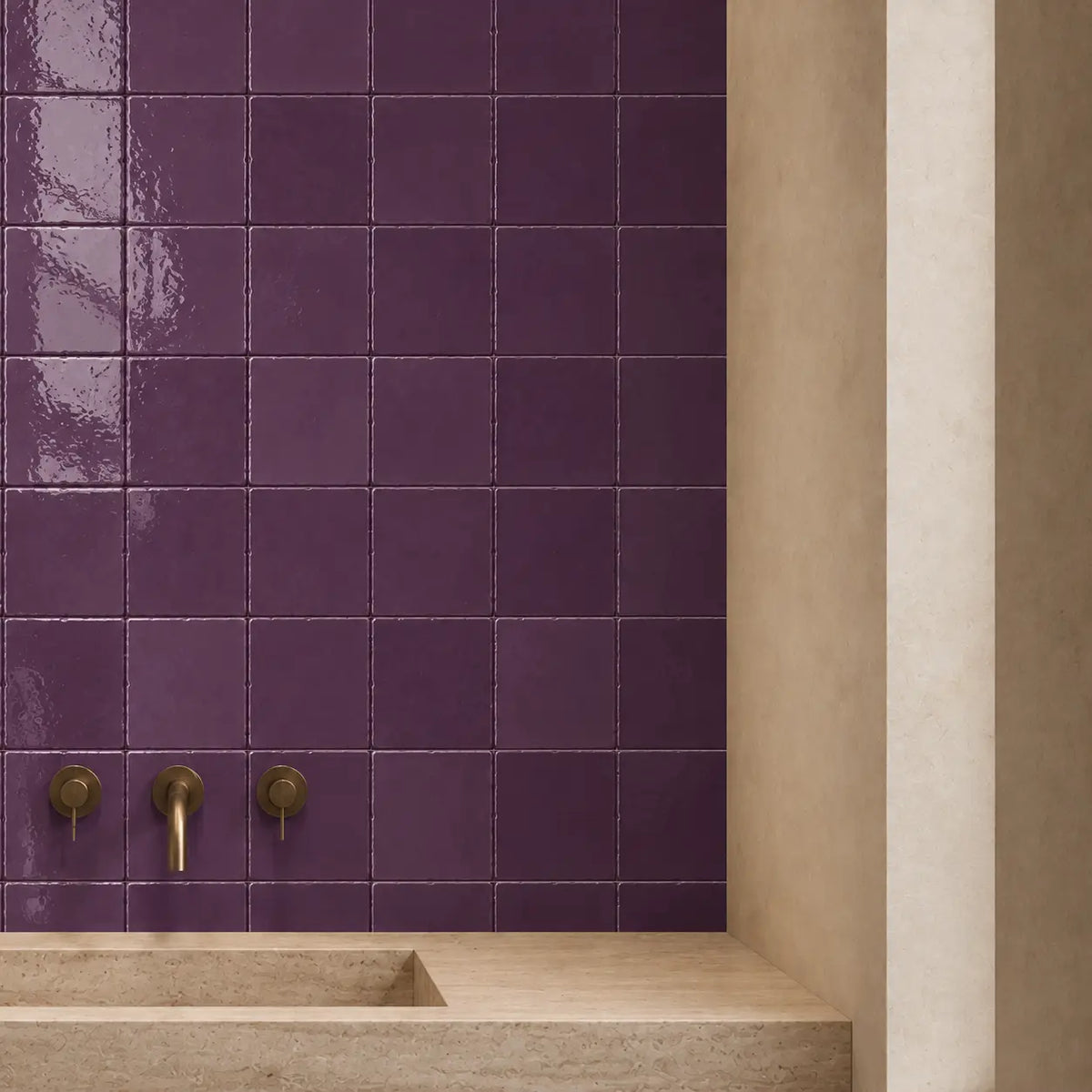 Plum glossy ceramic tiles used on a bathroom wall