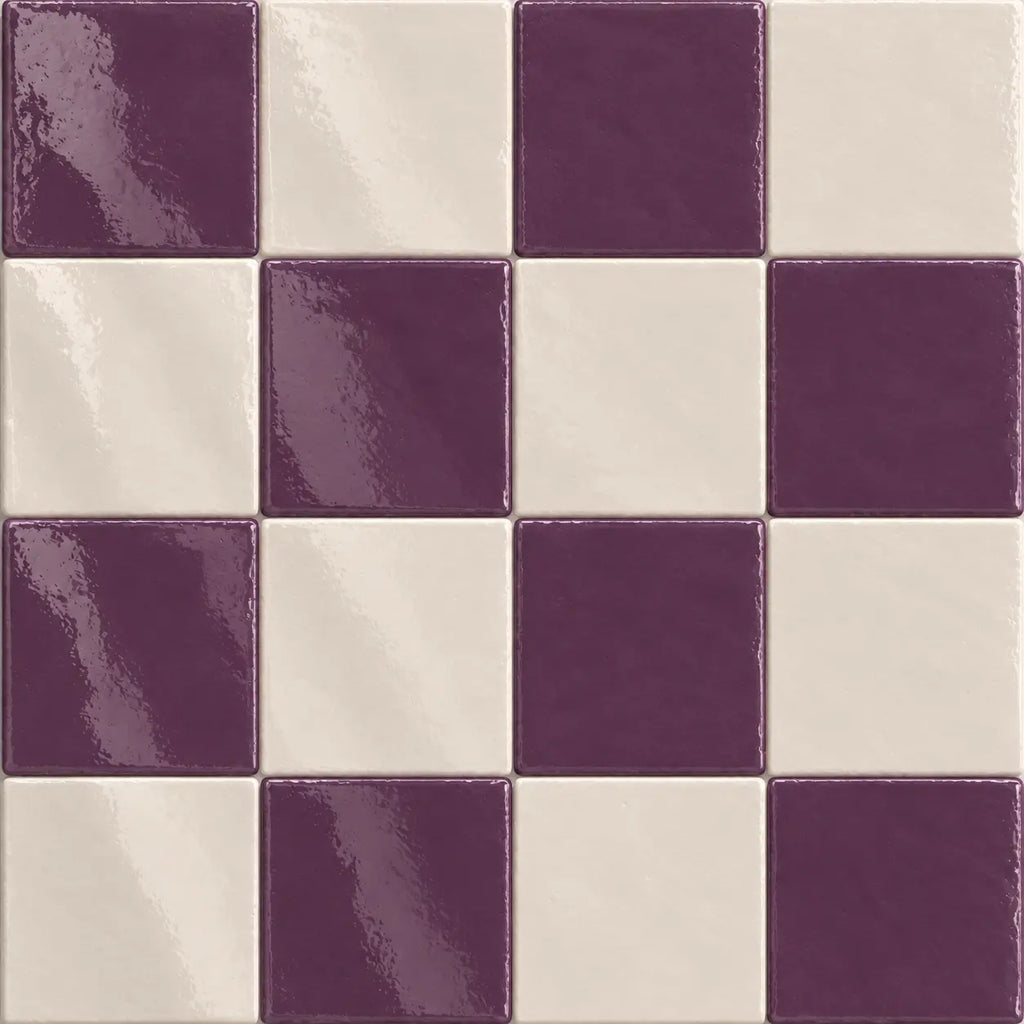 Plum and white ceramic tiles in checkerboard pattern