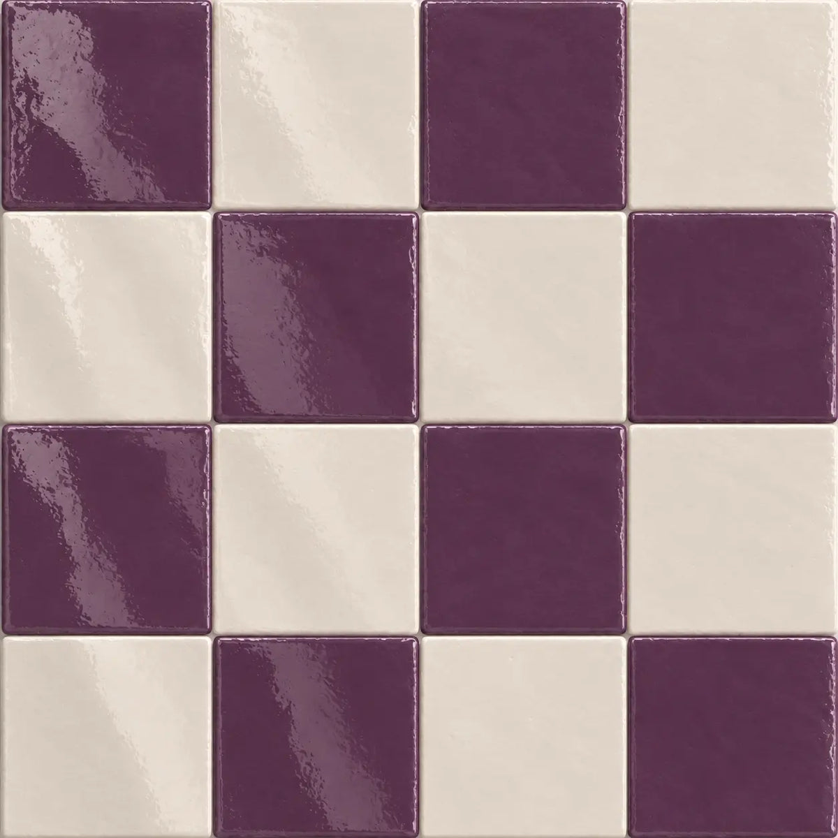 Plum and white ceramic tiles in checkerboard pattern