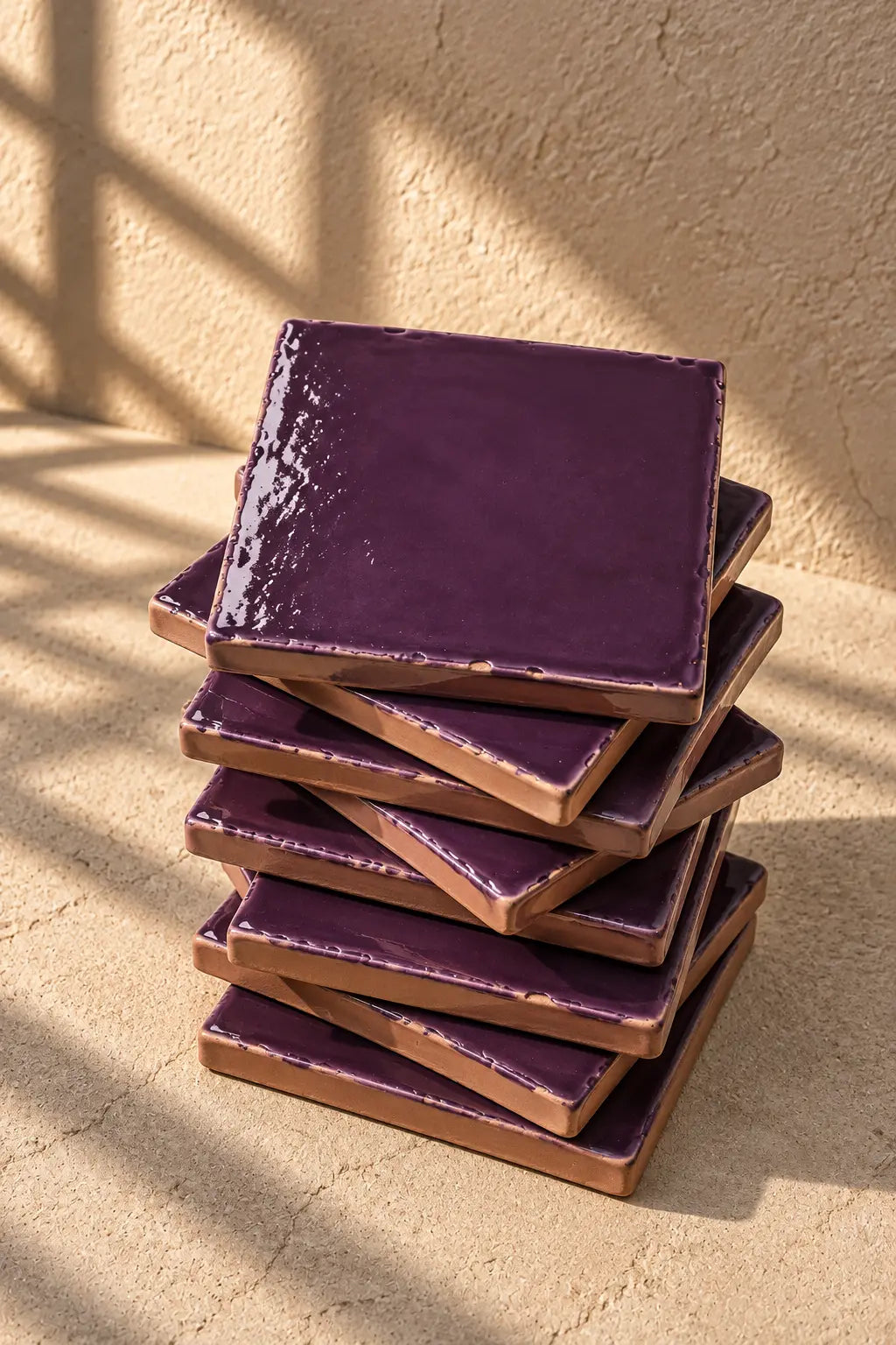A stack of square plum ceramic tiles on a textured beige surface.