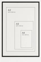 A minimalist black-framed poster or print featuring nested white rectangles with printed labels and dimensions for A2, A3, and A4 sizes.