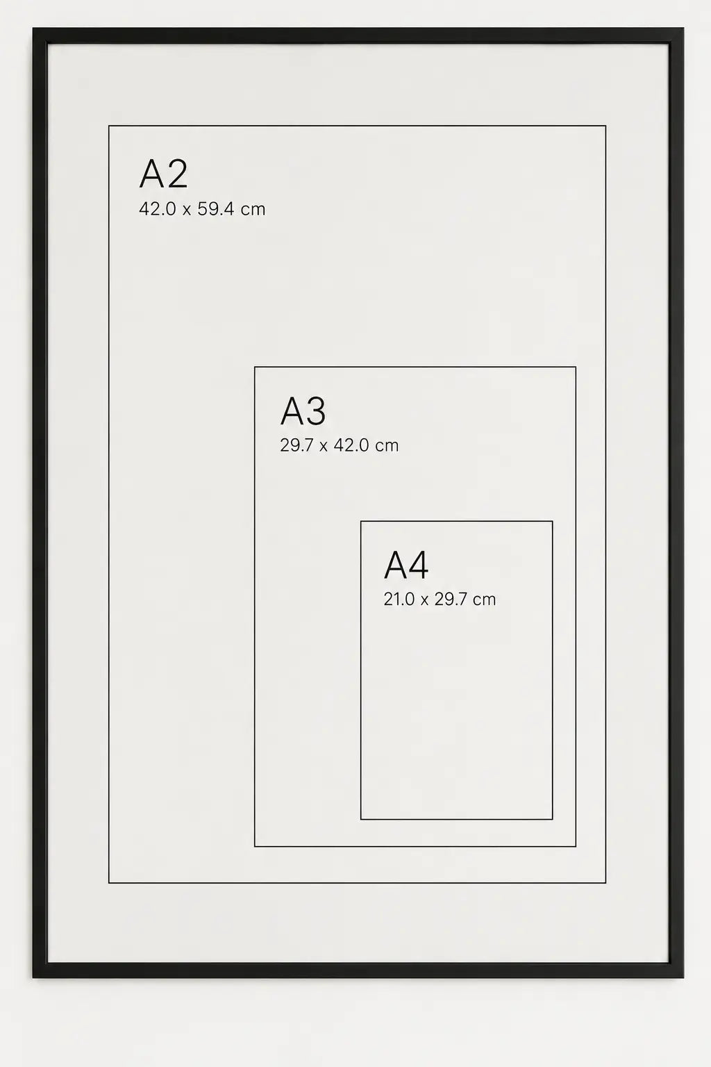 A minimalist black-framed poster or print featuring nested white rectangles with printed labels and dimensions for A2, A3, and A4 sizes.