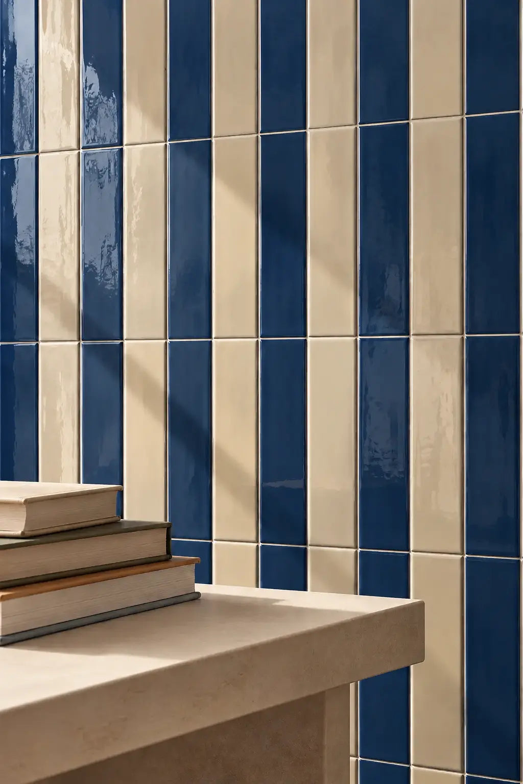 wall of glossy vertical ceramic tiles in mediterranean dark blue. Rectangular shape.