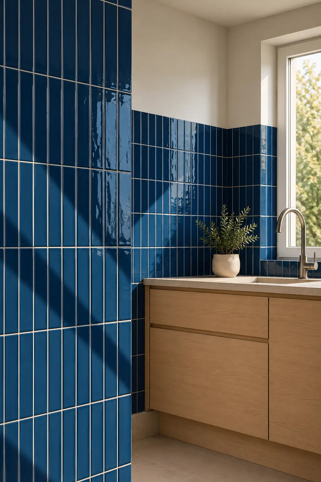 Glossy vertical blue tiles installed on a kitchen backsplash, paired with light wood cabinets and a white countertop.