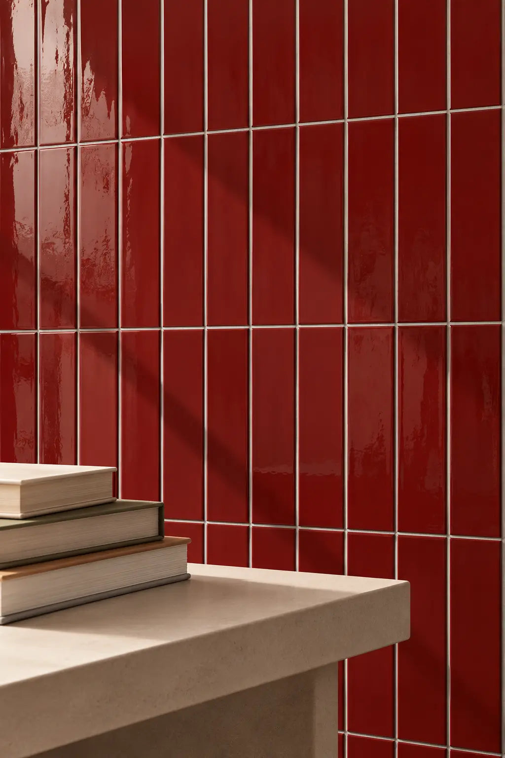 Glossy red tiles arranged in a grid pattern on a wall, with a light beige stone ledge in the foreground holding a stack of books.