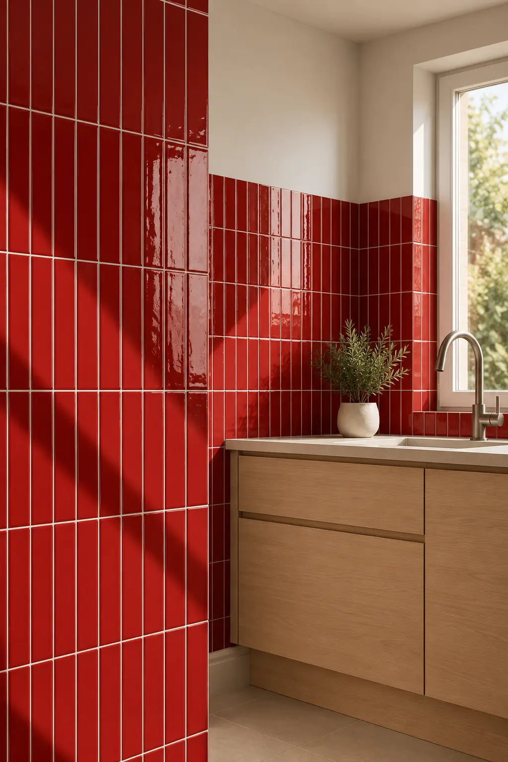 A modern kitchen corner featuring glossy red ceramic tiles on the wall, light wood cabinets, a white countertop, and a window with natural light casting diagonal shadows.