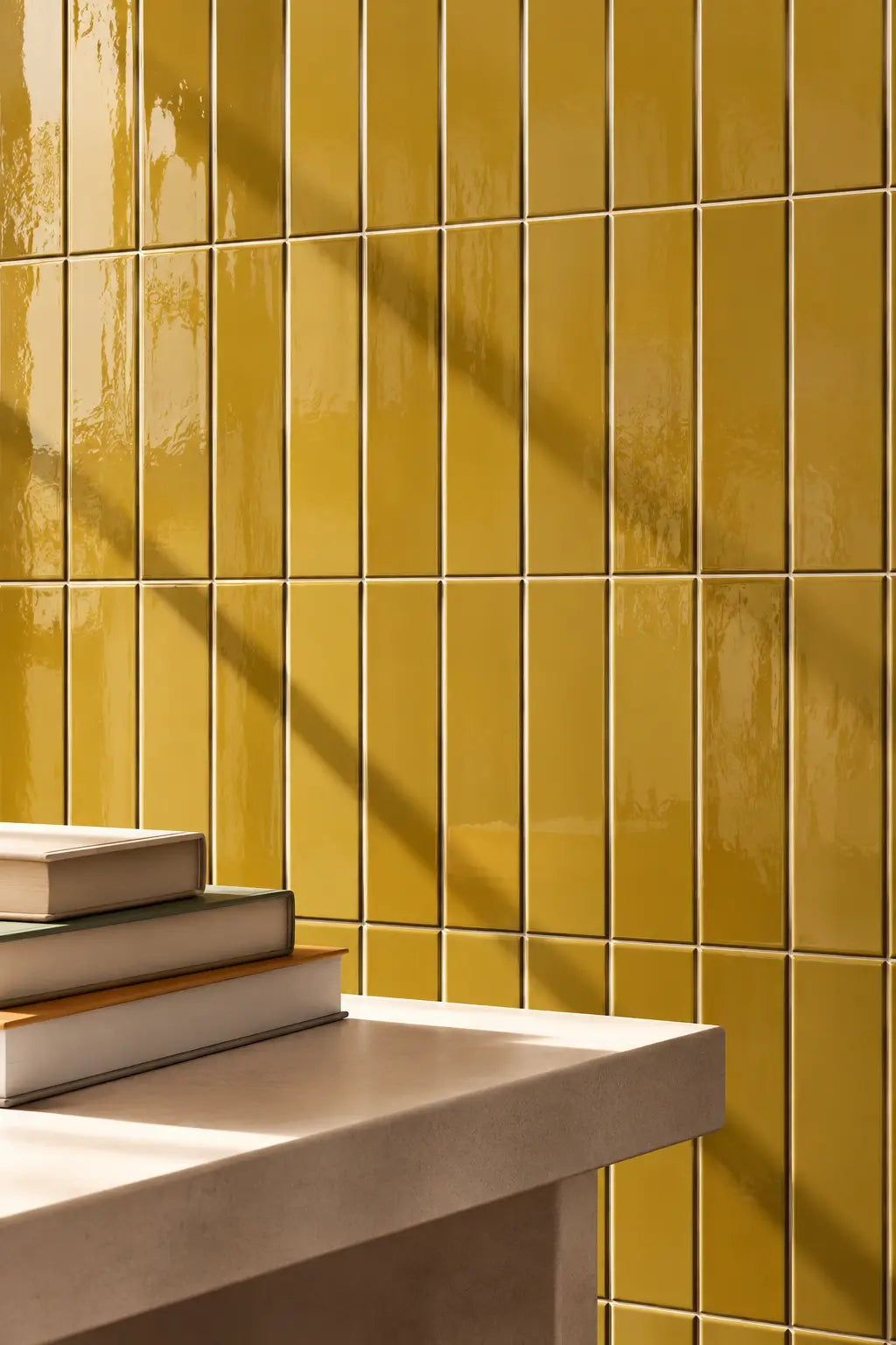 amber yellow rectangular gloss tile wall with table nearby