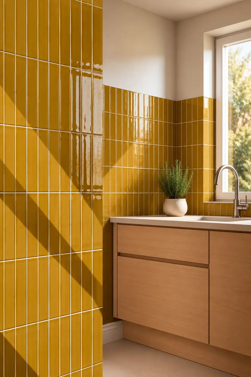 Bright kitchen corner with glossy amber yellow wall tiles, light wood cabinetry, a white countertop, and a window with natural light.
