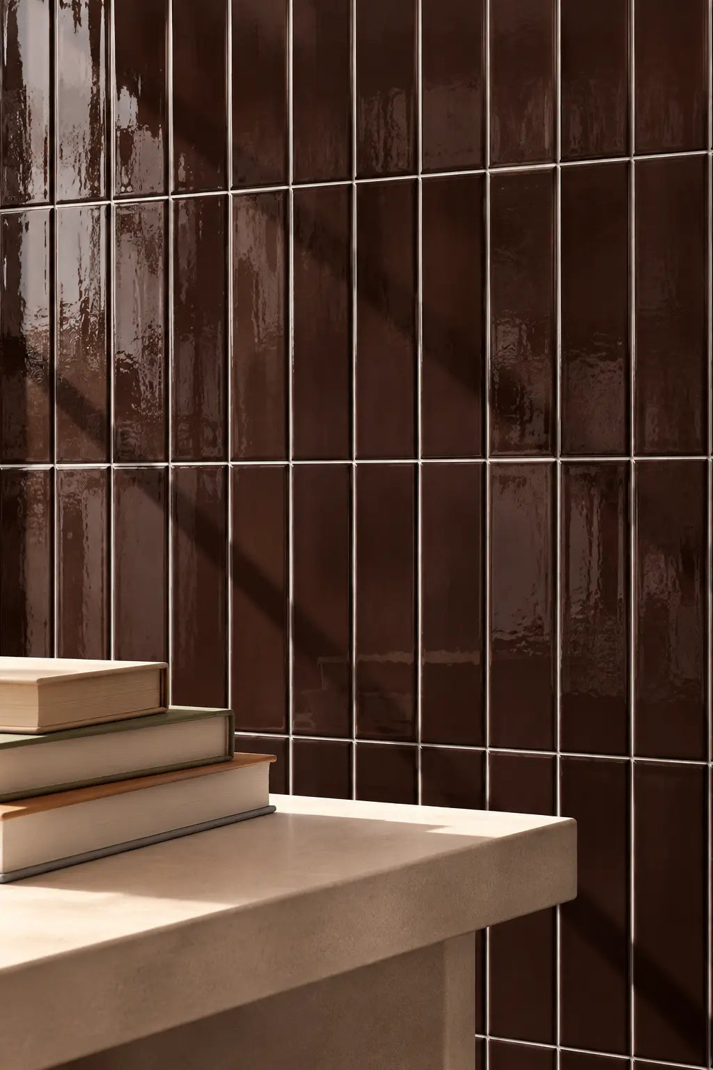 Glossy dark brown rectangular ceramic tiles arranged in a grid pattern on a wall, with a light beige stone ledge in the foreground holding a stack of books.