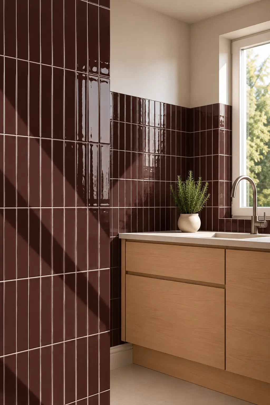 Bright kitchen corner with glossy chocolate brown wall tiles, light wood cabinetry, a white countertop, and a window with natural light.