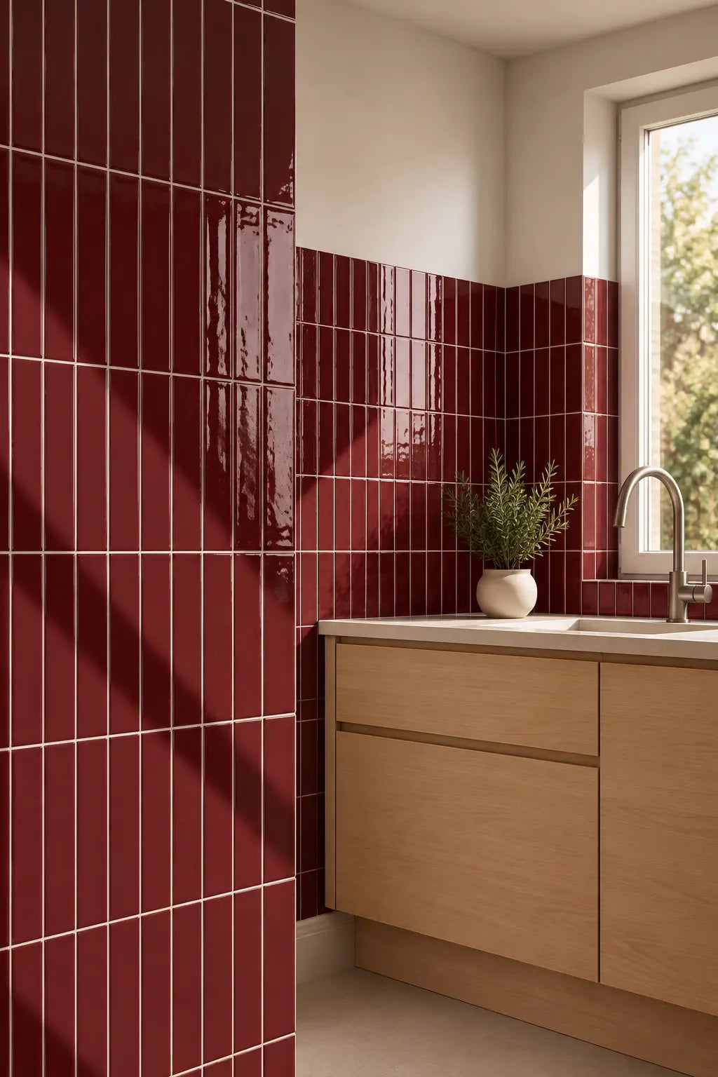 A modern kitchen corner featuring glossy deep red ceramic tiles on the wall, light wood cabinetry, a white countertop, and a window with natural light.