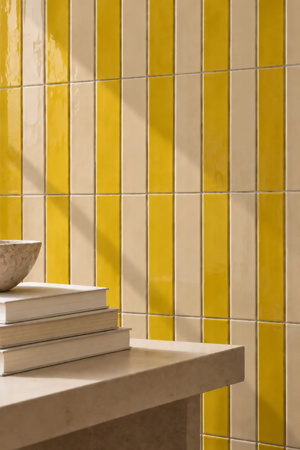 citron yellow rectangular gloss tile wall with table nearby