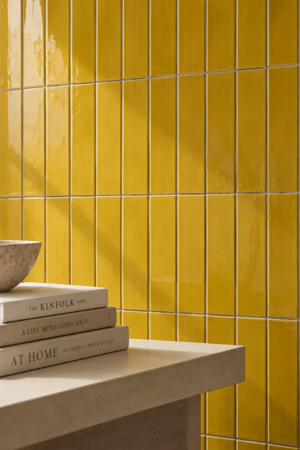 citron yellow rectangular gloss tile wall with table nearby