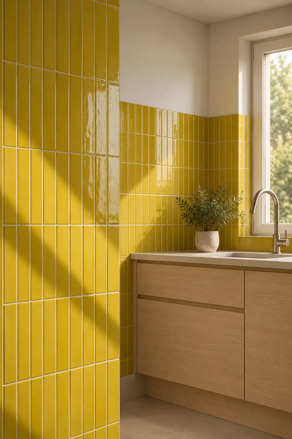 Bright kitchen corner with glossy yellow wall tiles, light wood cabinetry, a white countertop, and a window with natural light.