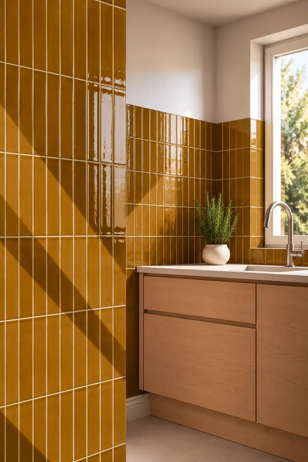 A modern kitchen corner featuring glossy cognac yellow vertical subway tiles on the wall, light wood cabinetry, a white countertop, and a small potted green plant near a window.
