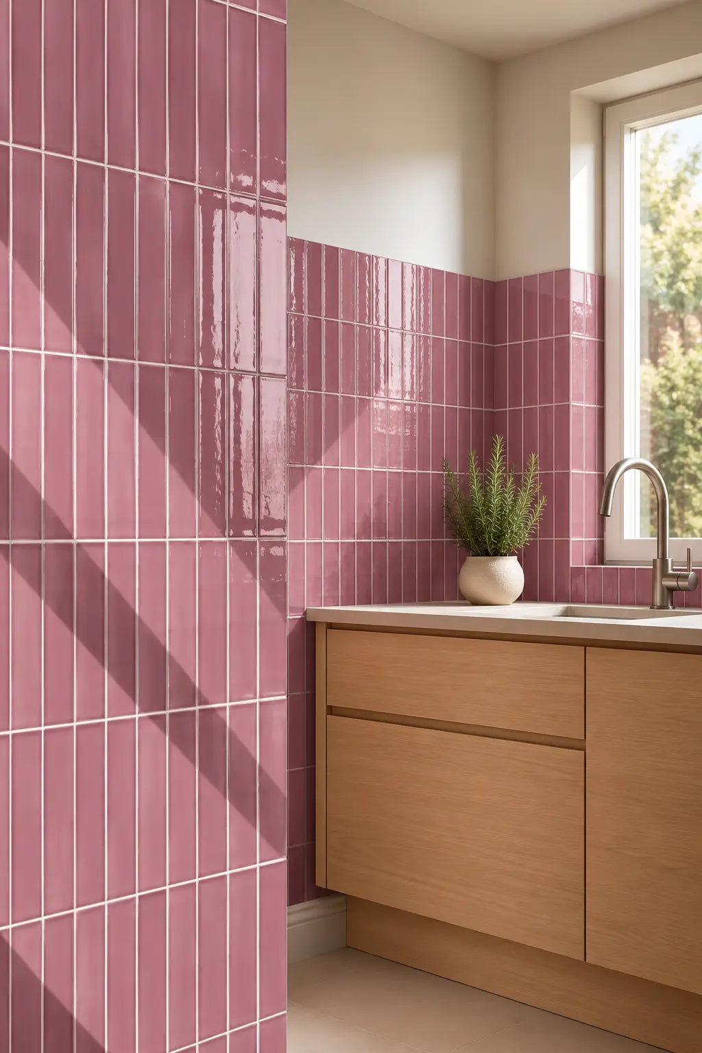 A modern kitchen corner featuring glossy dusty pink rectangular wall tiles, light wood cabinetry, a white countertop, and a window with natural light.