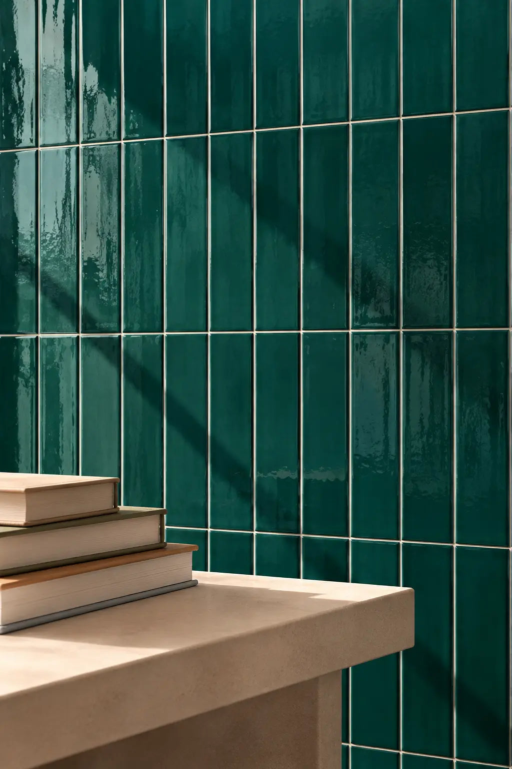 Glossy emerald green rectangular ceramic tiles arranged in a grid pattern on a wall, with a light beige stone ledge in the foreground holding a stack of books.