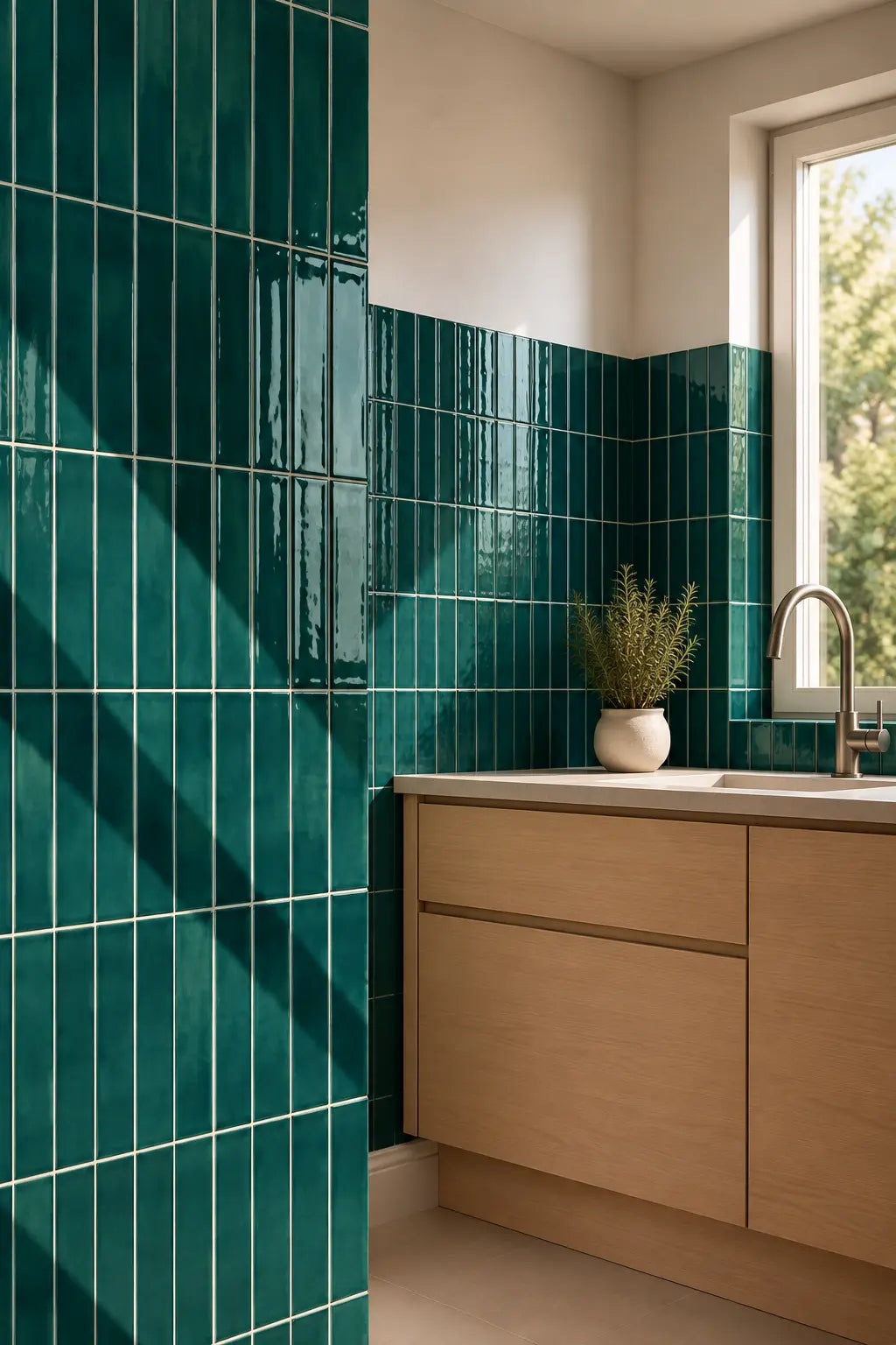 A modern kitchen corner featuring glossy emerald green vertical subway tiles on the wall, light wood cabinets, a white countertop, and a window with natural light.