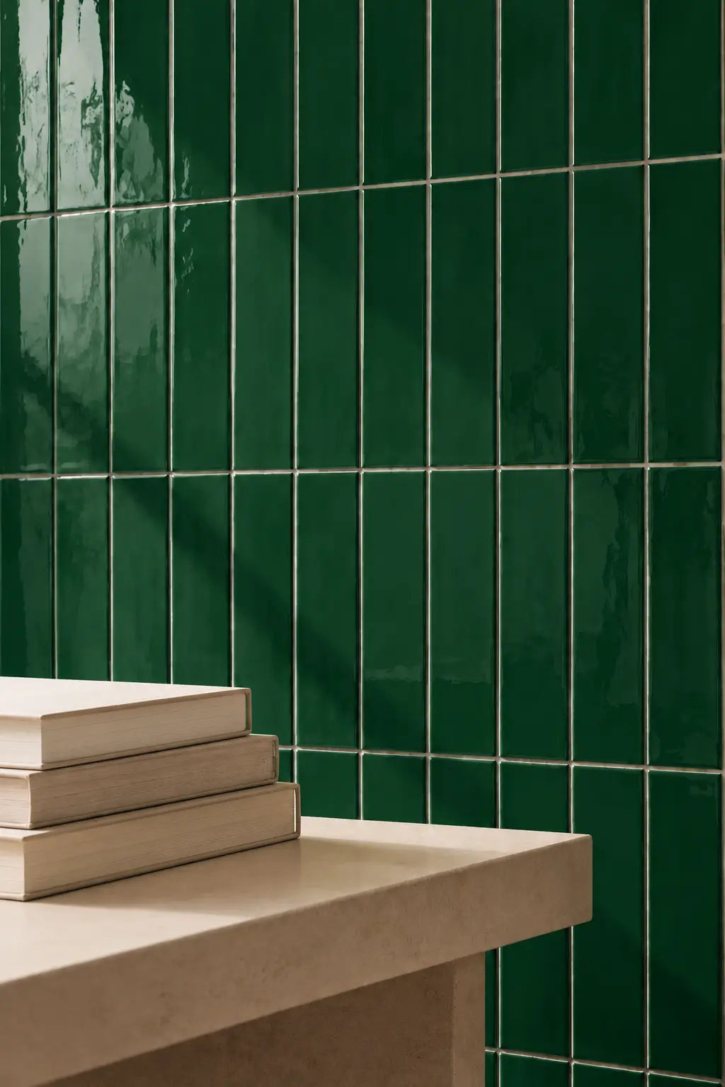 forest green rectangular gloss tile wall with table nearby