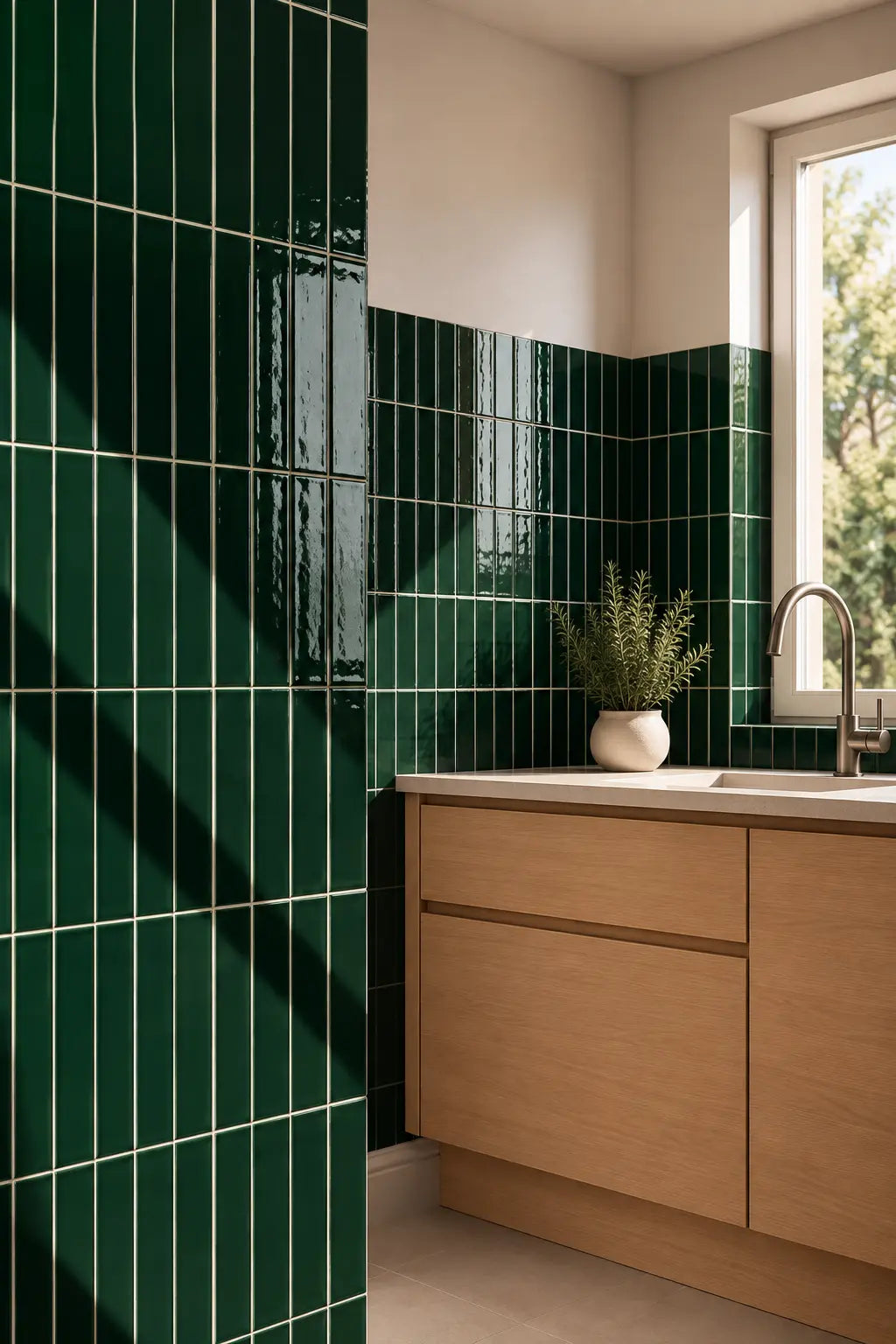 Bright kitchen corner with glossy forest green wall tiles, light wood cabinetry, a white countertop, and a window with natural light.