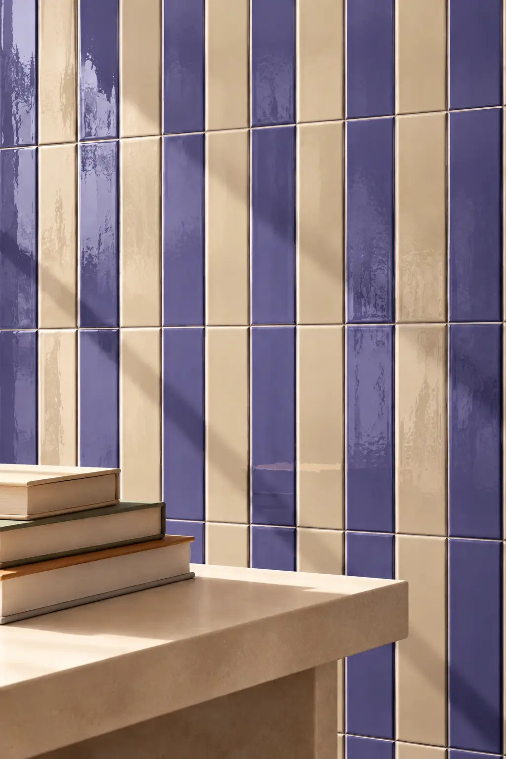 Purple glossy rectangular wall tiles in lilac colour, arranged in a grid pattern, with a beige stone ledge in the foreground holding a stack of books.
