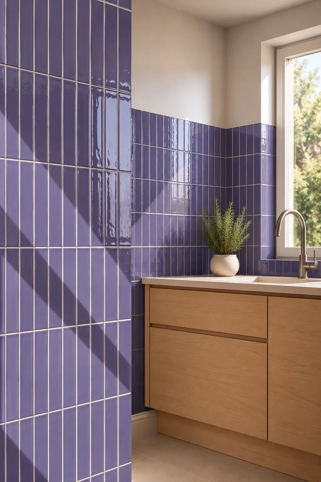 Purple glossy rectangular wall tiles in lilac colour, installed in a kitchen setting, shown behind a light wood vanity with a sink and faucet next to a window.