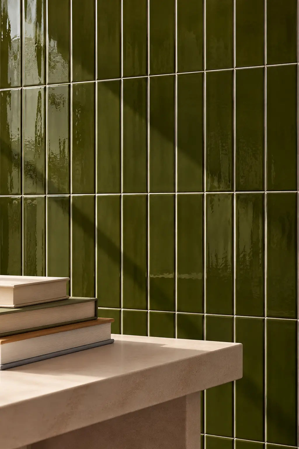 moss green rectangular gloss tile wall with table nearby