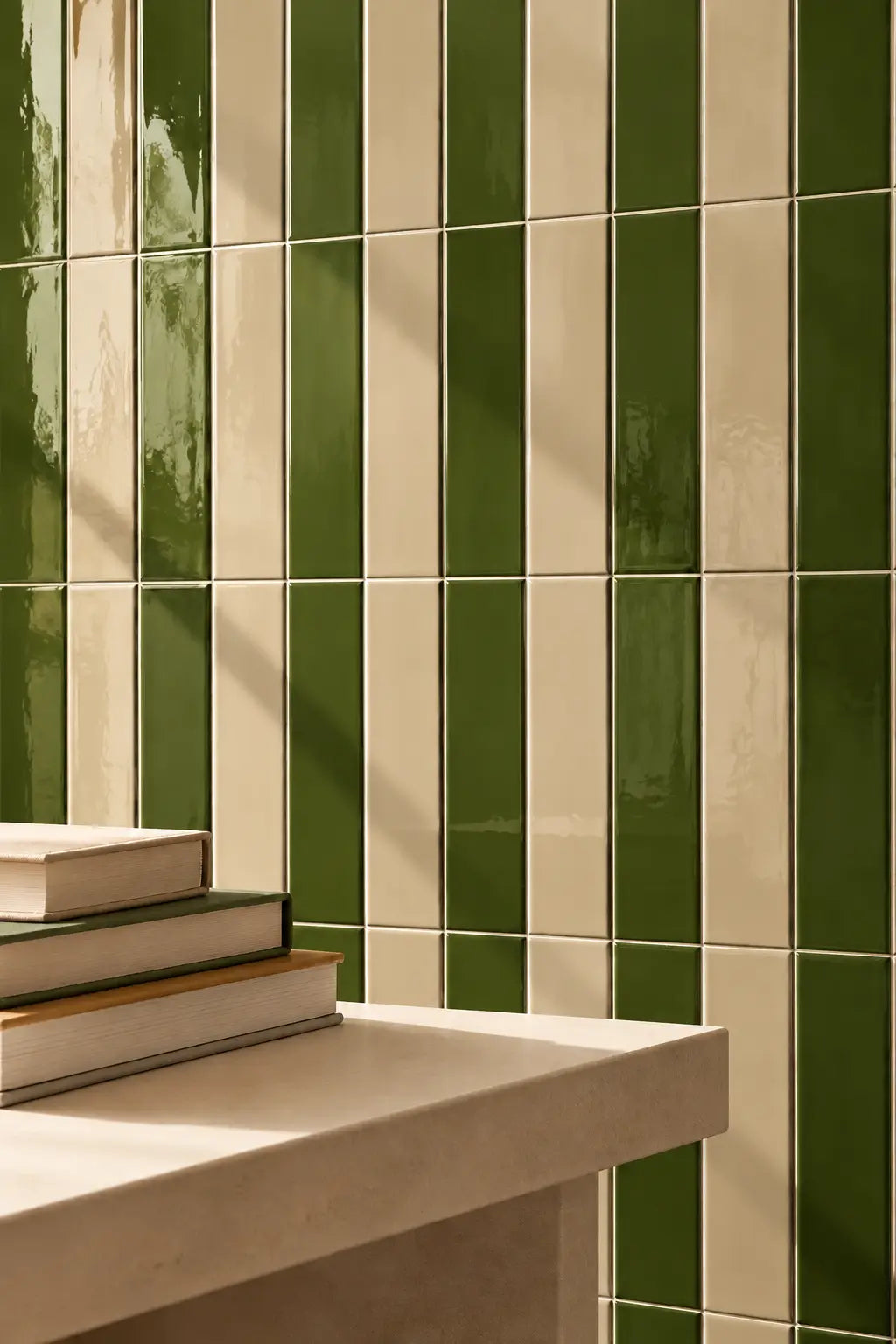 Vertical green and cream striped glossy ceramic wall tiles with a light stone countertop and stacked books in the foreground.