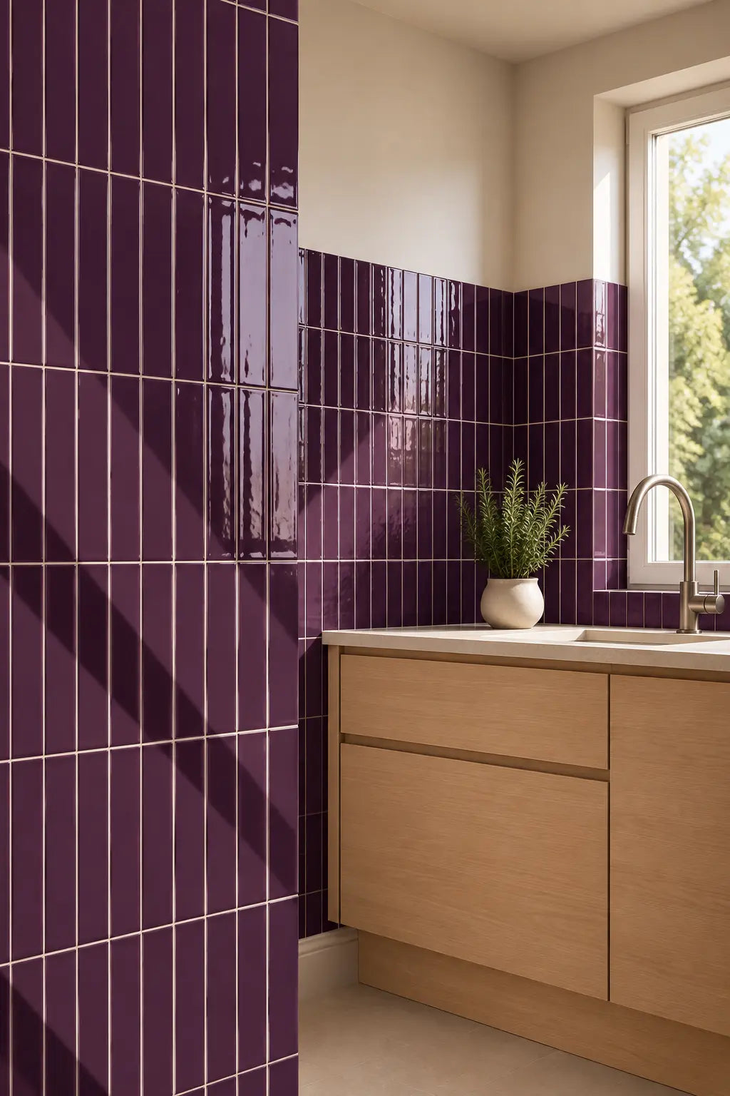 Bright kitchen corner with glossy plum wall tiles, light wood cabinetry, a white countertop, and a window with natural light.