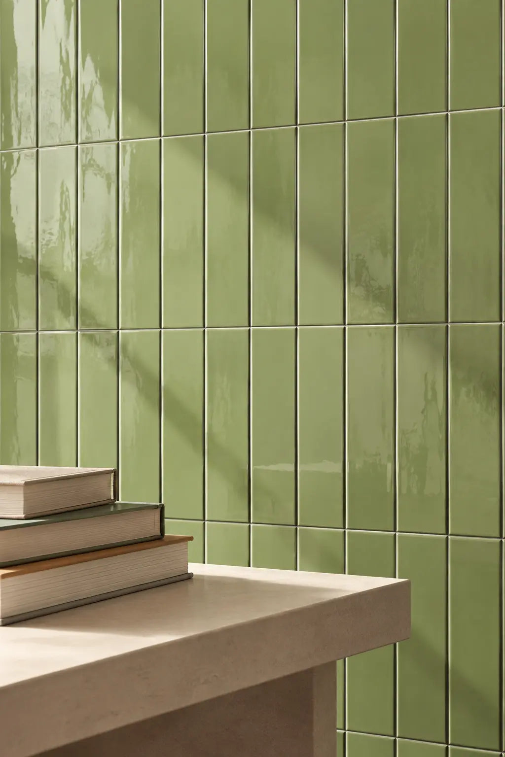 Green glossy rectangular wall tiles in sage green, arranged in a grid pattern, with a light beige stone ledge in the foreground holding a stack of books.