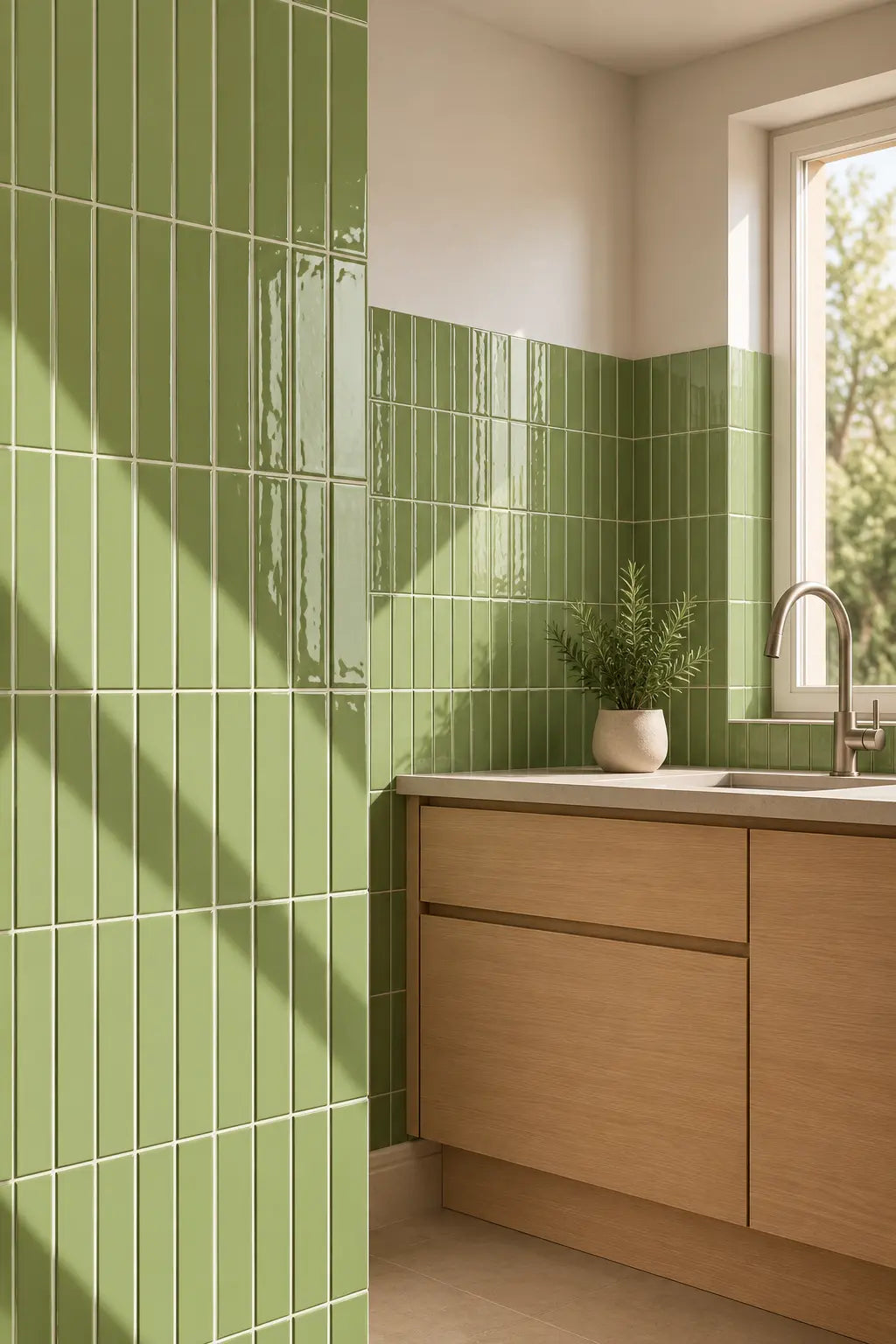 A modern kitchen corner featuring glossy light green vertical wall tiles, light wood cabinetry, a white countertop, and a window with natural light casting diagonal shadows.