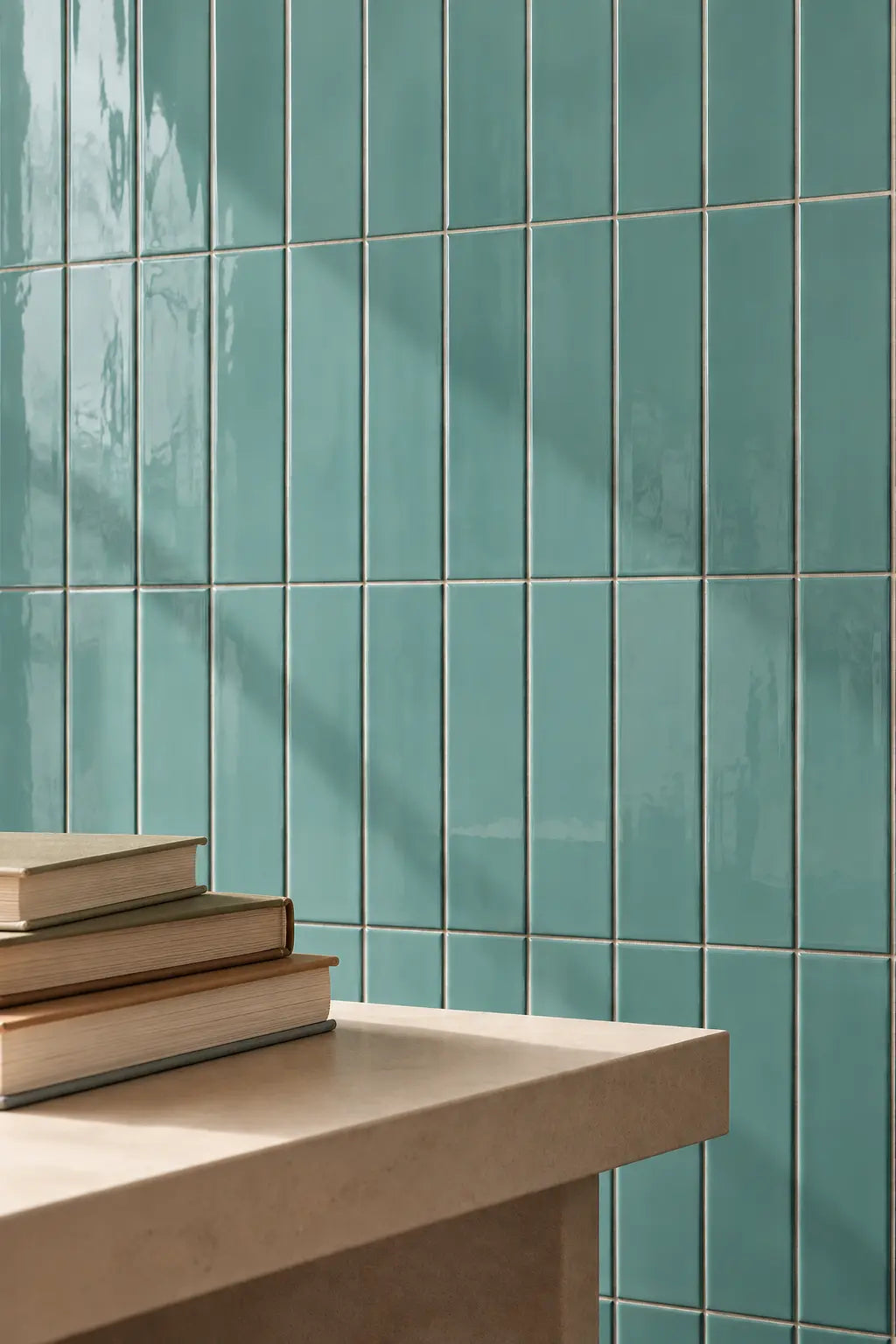 Glossy vertical teal ceramic tiles on a wall behind a light beige stone counter with stacked books in the foreground.