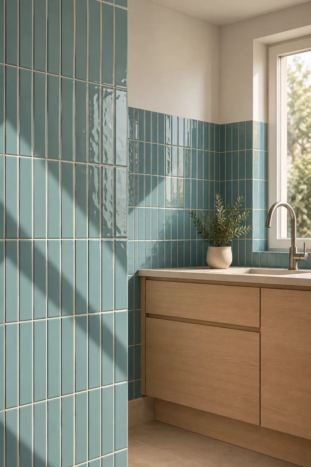 A modern kitchen corner with glossy vertical teal-blue tiles, a light wood cabinet, a white countertop, and a small potted plant near a window.