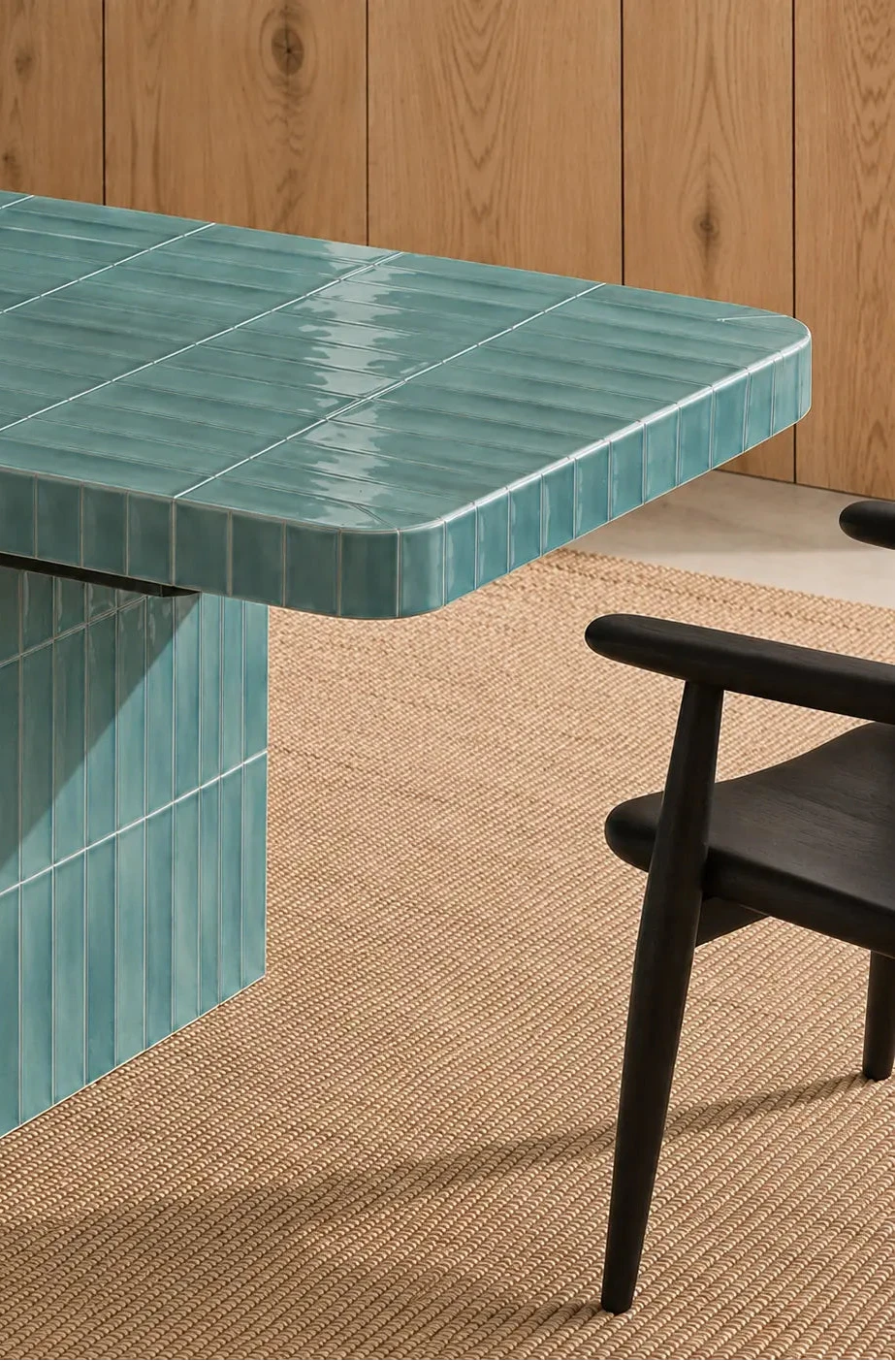 
Glossy blue sky rectangular ceramic tiles covering a dining table, paired with a dark wood chair and natural woven rug.