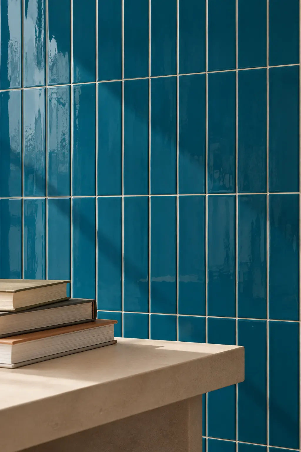 Glossy vertical teal-blue ceramic tiles with thin white grout lines, shown behind a light beige stone ledge with stacked books in the foreground.