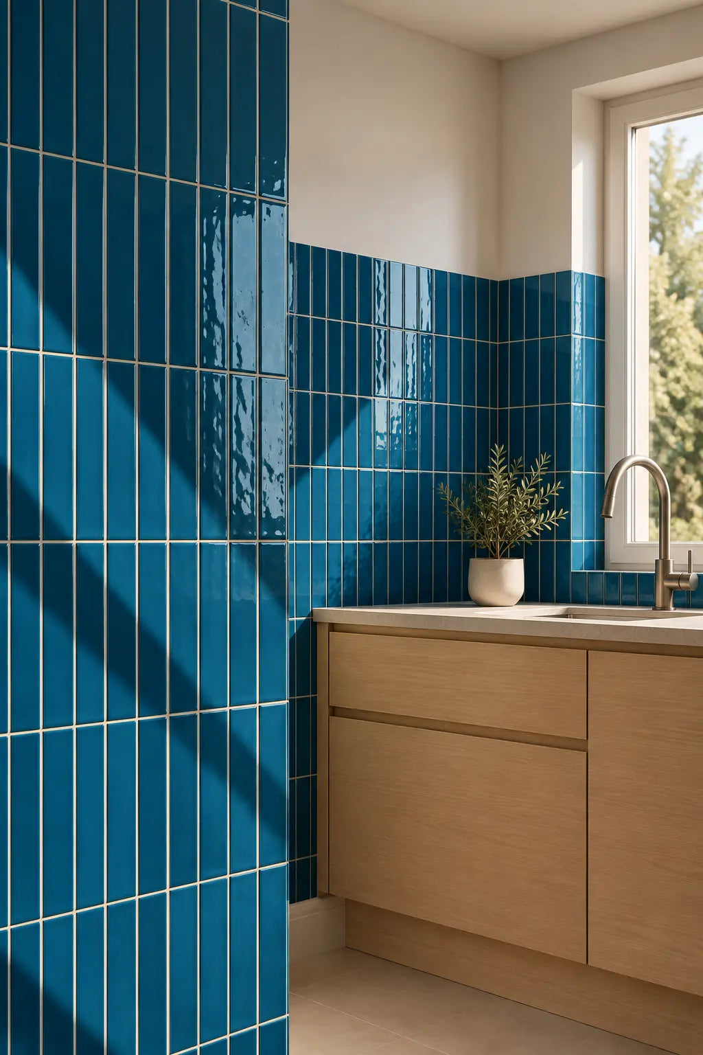 A modern kitchen corner featuring glossy vertical blue tiles on the wall, light wood cabinets, a white countertop, and a window with natural light casting diagonal shadows.