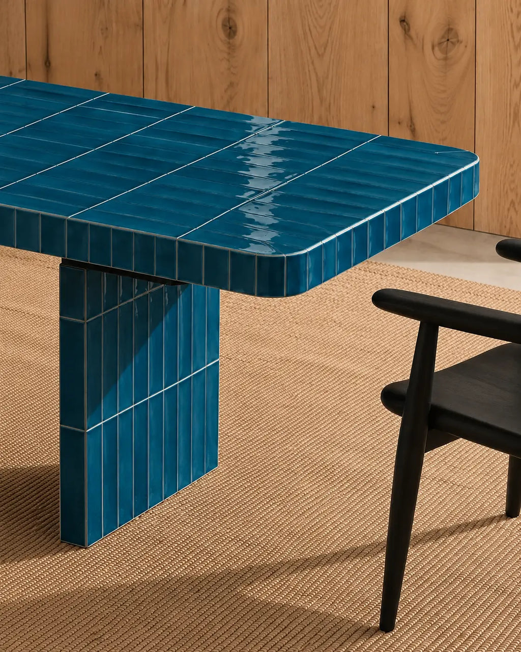 
Glossy teal blue rectangular ceramic tiles covering a dining table, paired with a dark wood chair and natural woven rug.