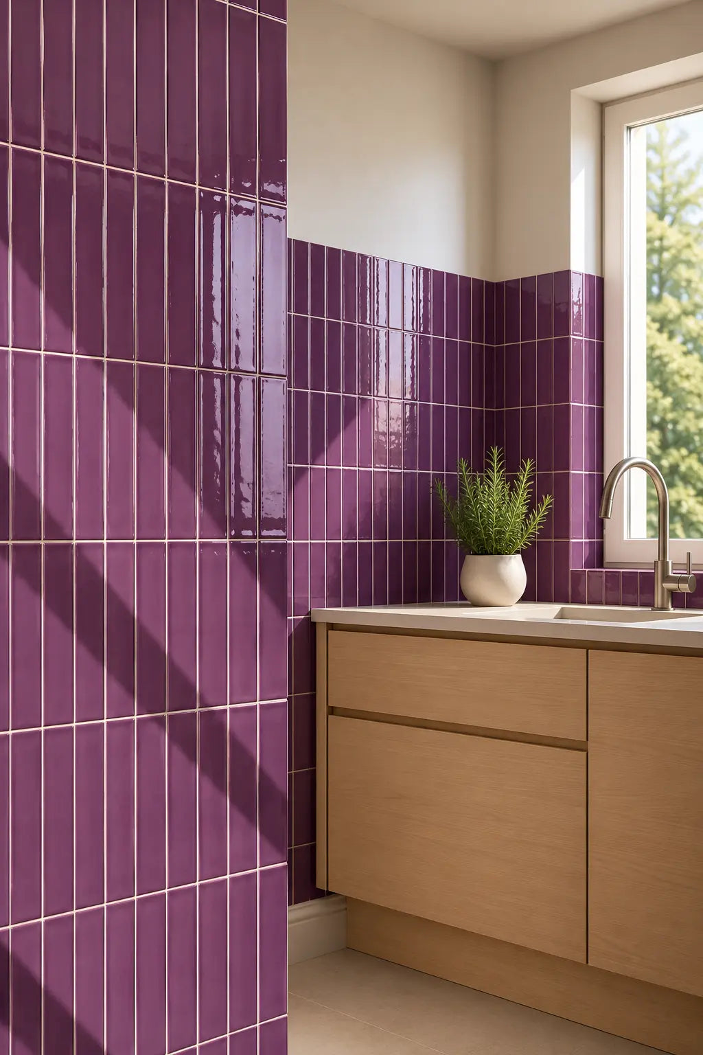 A modern kitchen corner featuring glossy violet purple subway tiles on the wall, light wood cabinets, a white countertop, and a small potted green plant near a window.