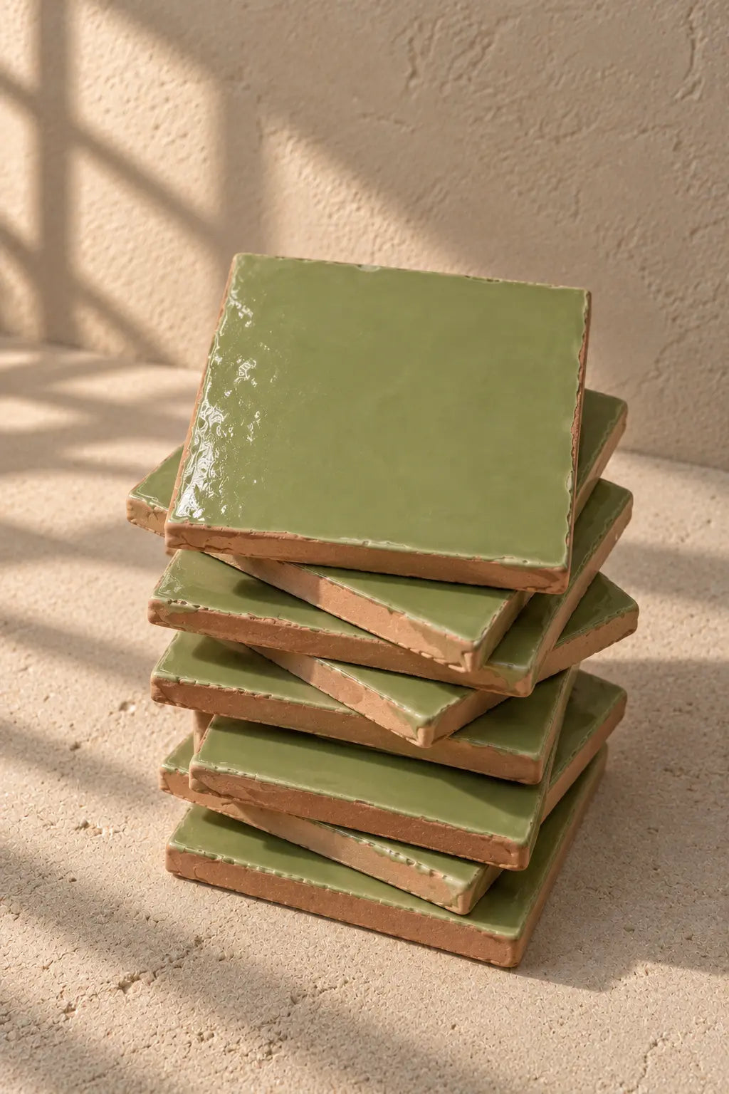 A stack of glossy square ceramic coasters in a muted sage green color, set against a textured off-white background.